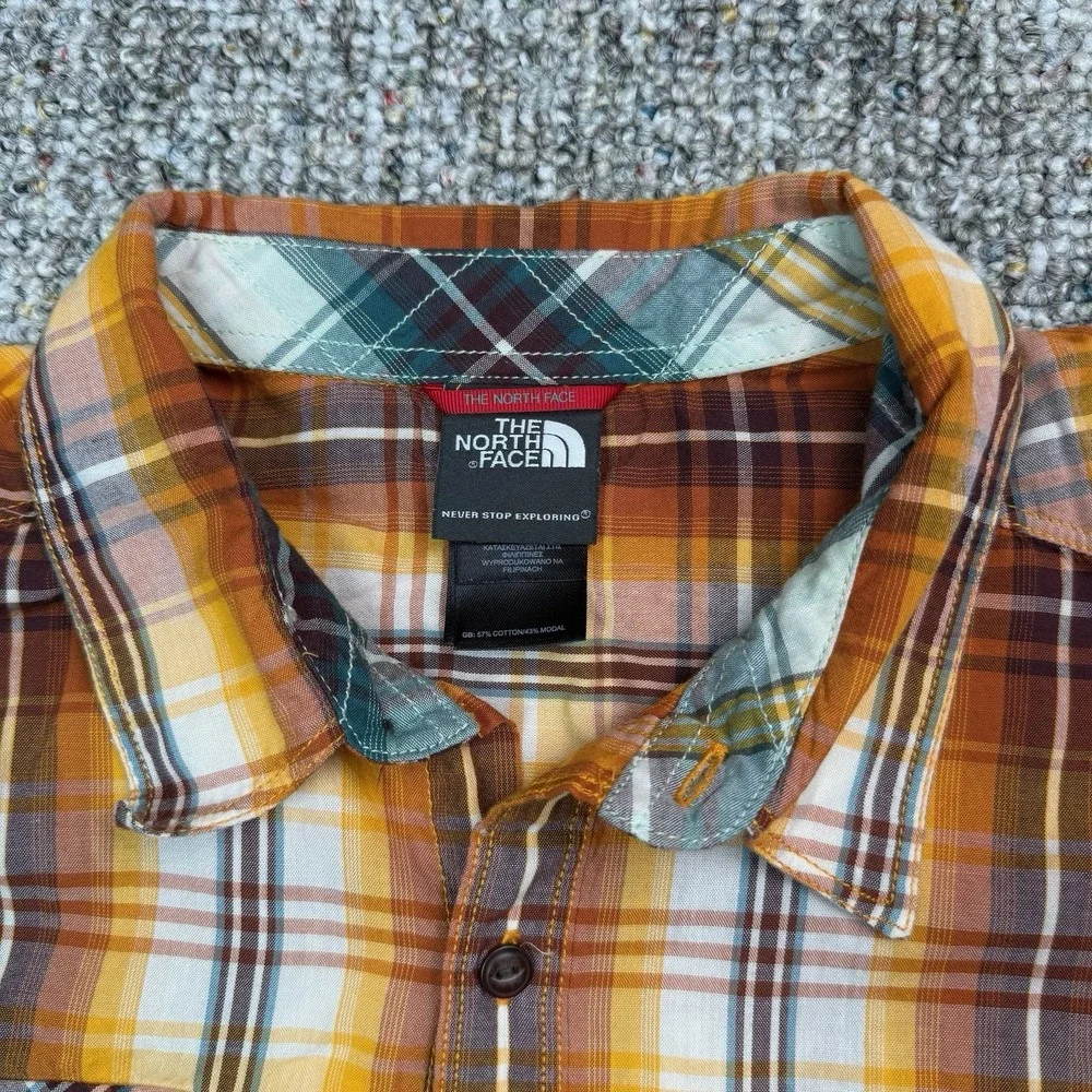 The North Face Shirt Mens Large Blue Plaid Button Up Short Sleeve Orange